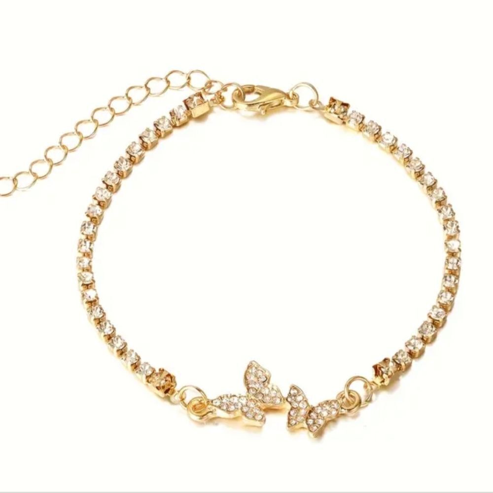 3 for 26 -  Rhinestone Butterfly Decor Gold Plated Shiny Anklet Bracelet